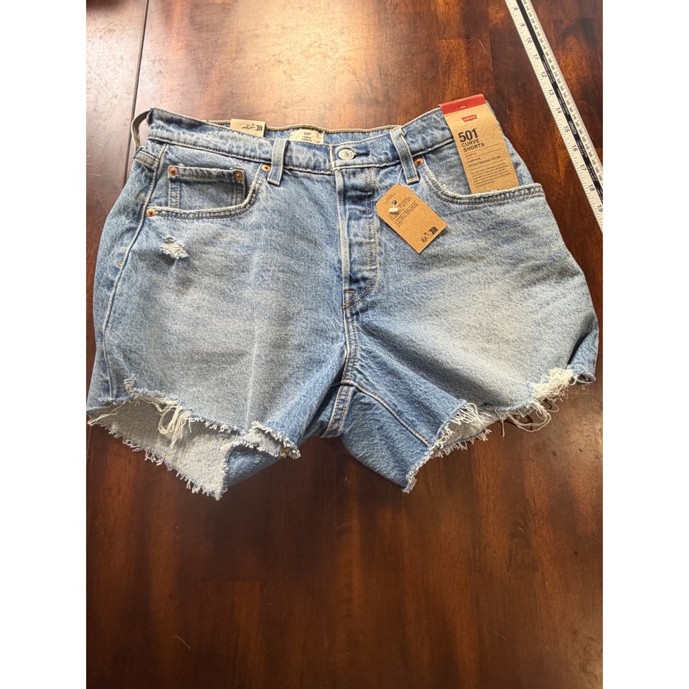 Levis 501 Curve Shorts Womens 31 Light Wash Blue Denim Stretch Cut Off Mid Rise